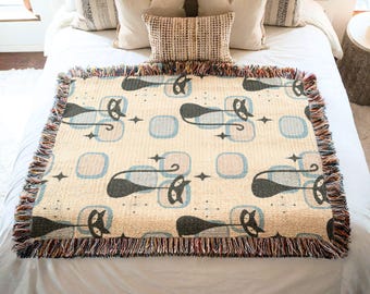 Retro Mid Century Modern Blanket, Atomic Cat Geometric Design Couch Throw, Woven Tapestry Style Blanket Perfect for Home Decor Housewarming