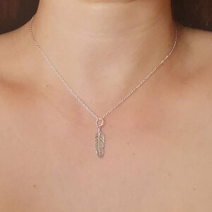 May include: A silver chain necklace with a delicate feather pendant.