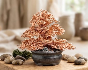 Bonsaï en fil de fer, petite sculpture japonaise faite main, cadeau unique de pendaison de crémaillère, art Mame bonsaï, décoration zen de bureau