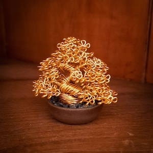 wire tree sculpture made using copper wire and a acrylic bonsai pot base, office desk decor for nature lover, great Christmas gift for dad