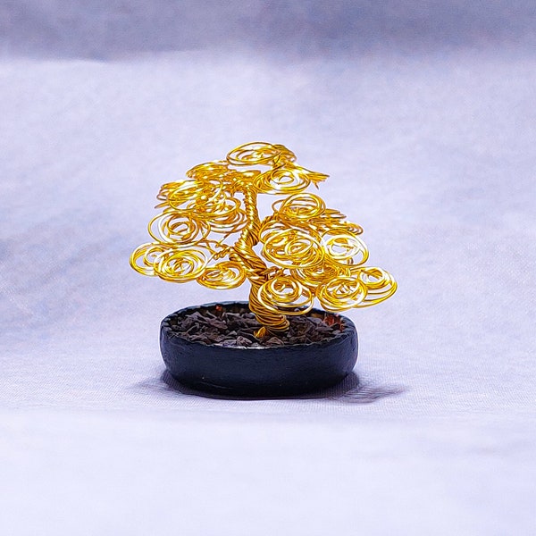 Miniature bonsai tree wire sculpture made using gold copper, Hand made clay bonsai pot base, Perfect decor for desk