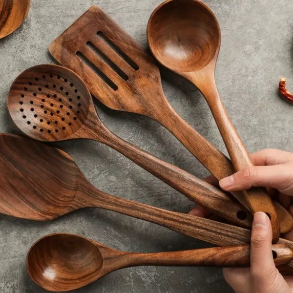 5 stücke Holz Kochlöffel Set Handgemachte Natürliche Teak Holz Utensil Küche Pfannenwender Besteck Set Holz Pfannenwender Suppenschaufeln Teak Wok Dreher