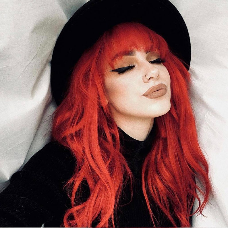 Orange Red Wavy Hair Wig and Bangs Natural Wig Long Wavy Etsy
