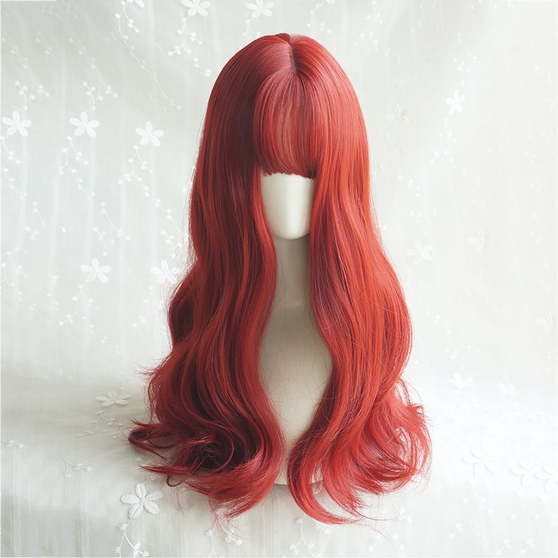 Orange Red Wavy Hair Wig and Bangs Natural Wig Long Wavy Etsy