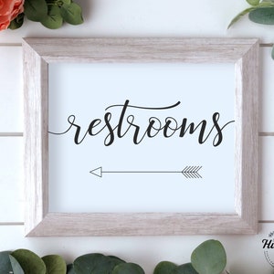 Restrooms Sign, Restrooms Left Arrow Direction Sign, Directional Wedding Sign, Wedding Restroom Signs, Bathroom Arrow, Bathroom Signs