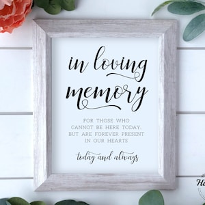 May include: A white framed print with black text that reads "in loving memory" and "For those who cannot be here today, but are forever present in our hearts today and always".
