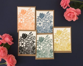 Colorful linocut flower card decoration or gift