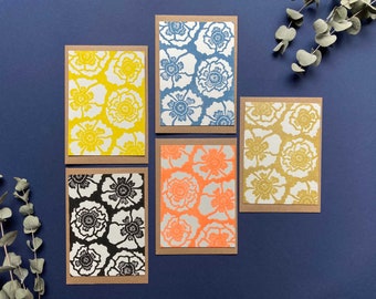 Multicolored Poppy flower card engraving on colored lino to offer or to decorate