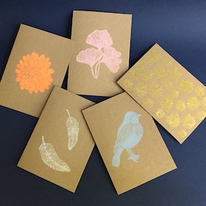 Nature card in kraft engraving on colored linoleum 5 different versions