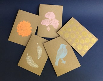 Nature card in kraft engraving on colored linoleum 5 different versions