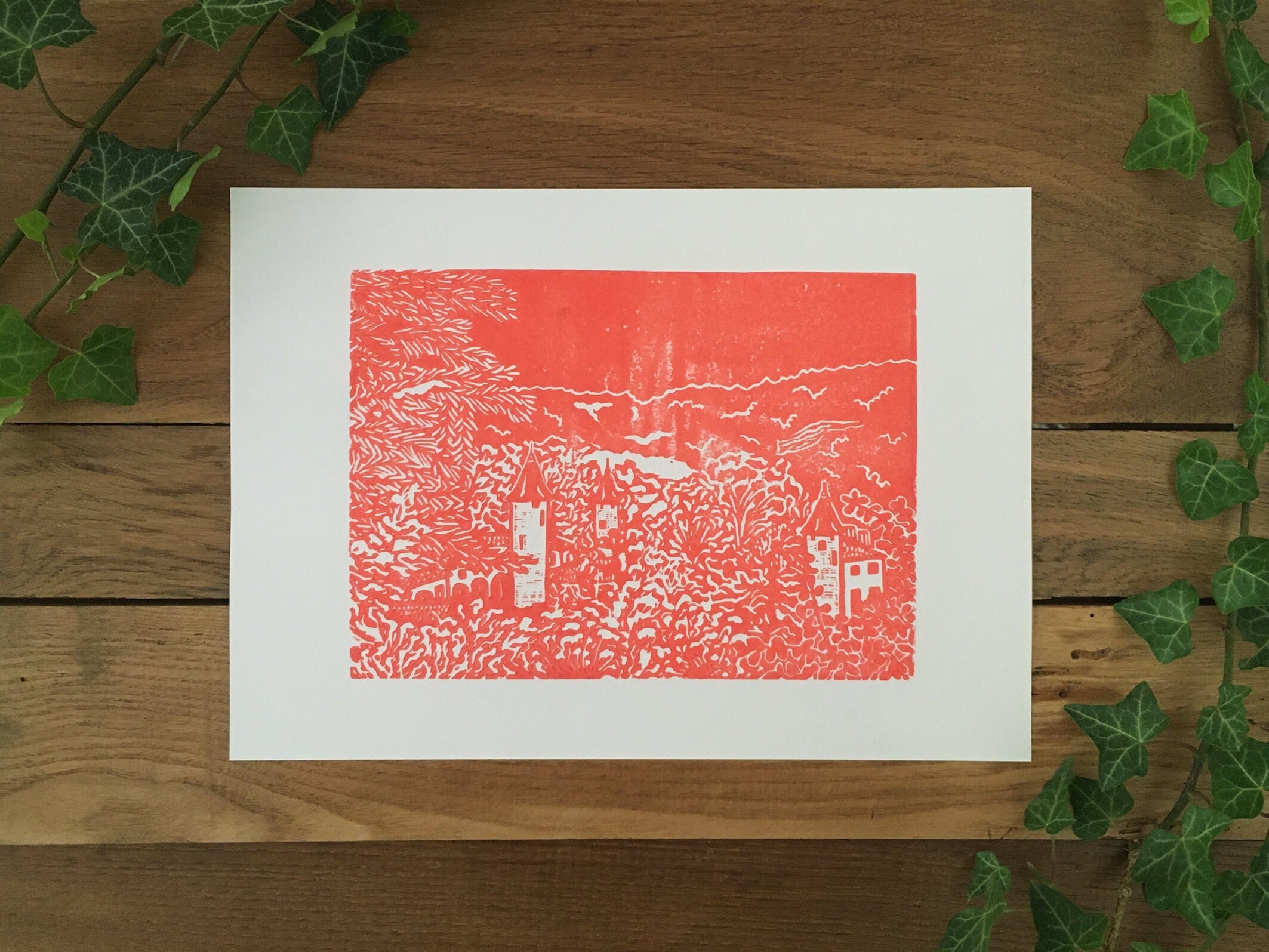 Affiche Poster A4 Conte Ll Château Gravure sur Lino Orange Sanguine Pour Décoration Intérieure