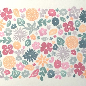 May include: A lovely floral print features a multitude of pastel-colored flowers and leaves.  The design incorporates various flower shapes and sizes in shades of pink, purple, teal, and orange.  Leaves in muted greens complement the blossoms. The overall style is reminiscent of vintage botanical illustrations or block prints. The print is ideal for crafting, home decor, or textile projects. The color palette is soft and harmonious, creating a calming and aesthetically pleasing effect.