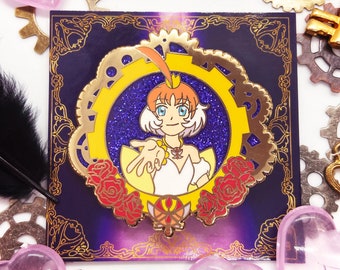 May include: Gold-tone enamel pin featuring a cartoon character with blonde hair and a white dress. The character is surrounded by gears and roses. The pin is set against a purple background with gold accents.