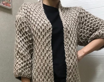 Hand Knit Chunky Cable Knit Cardigan, Beige Oversized Wool Knitwear