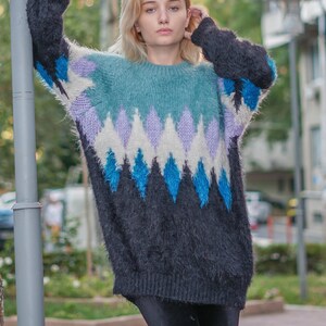 argyle sweater, Hand knitted Jumper, Slouchy mohair sweater, knit sweater, Gift for her image 5