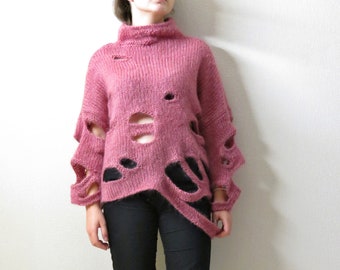 Mohair Sweater Rose ,Futuristic Clothing, cropped sweater ,distressed jumper ,chunky knit sweater ,oversized .short top.