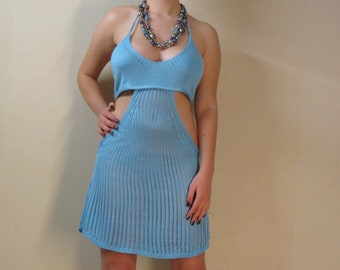 knitted beach cover up dress ,light blue bohemian  dress, sheer knit dress, See through dress. womens clothing