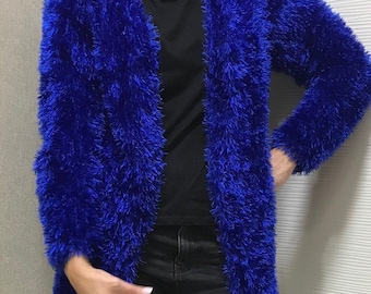 Hand knitted navy blue fuzzy cardigan , fluffy shaggy cardigan, thick cardigan, Winter is coming ,boyfriend cardigan, grunge cardigan