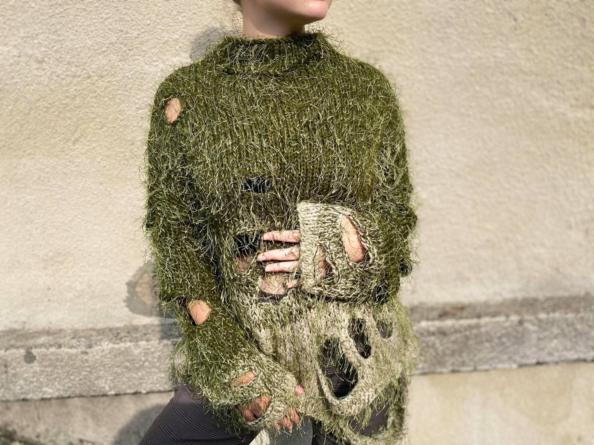 Olive Green Sage Distressed Ombre Knit Sweater With Long Olive Green Sage Distressed Ombre Knit Sweater With Long
