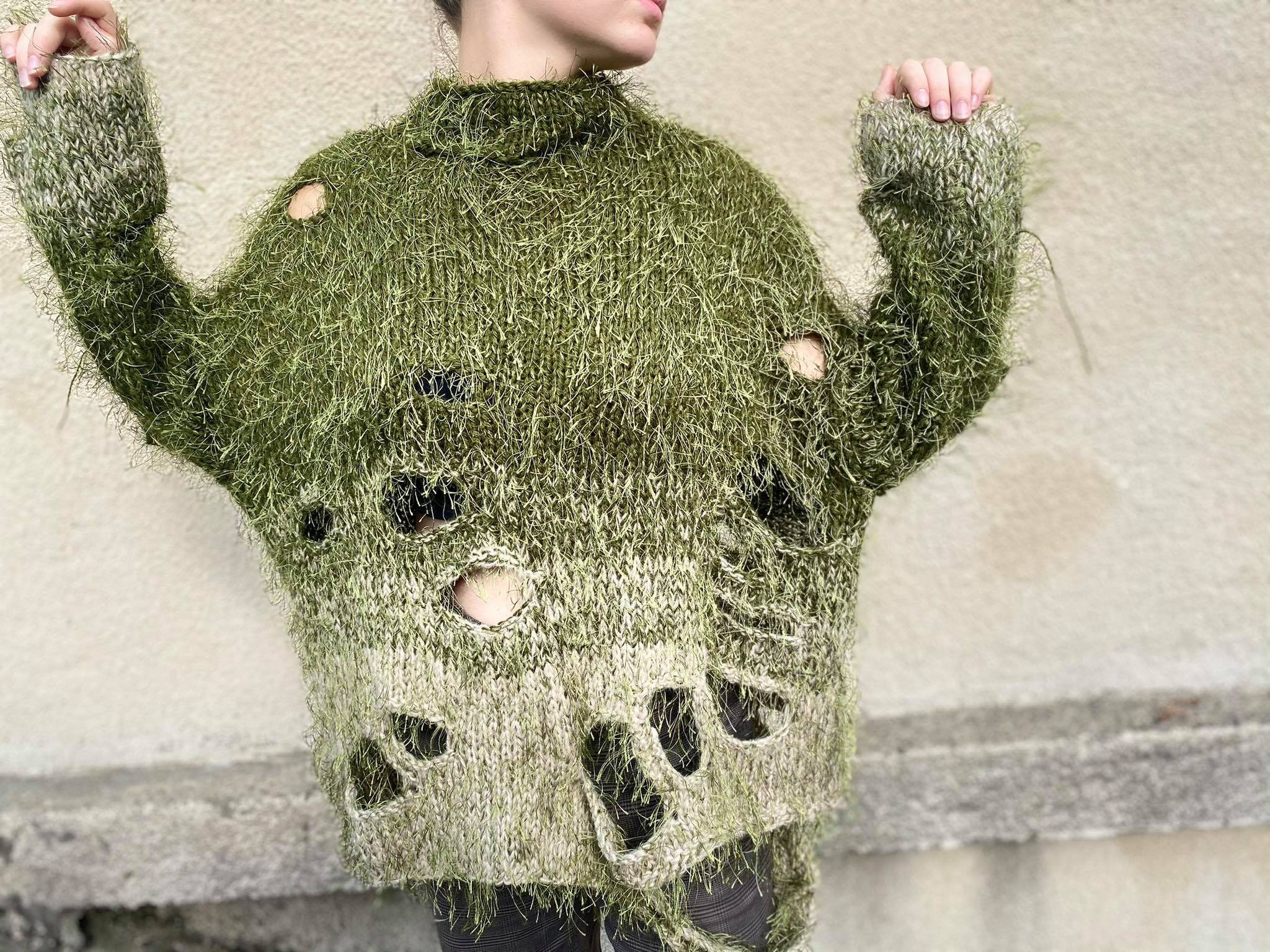 トップス simplycomplicated KNIT SWEATER OLIVE Olive Green Sage Distressed Ombre Knit Sweater With Long