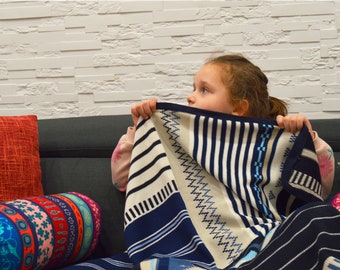 Hand knitted stripped and ornamental  blanket  for kids. Gender Neutral Blanket.