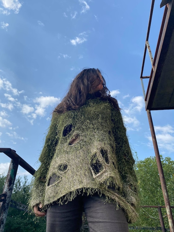 Olive Green Sage Distressed Ombre Knit Sweater With Long