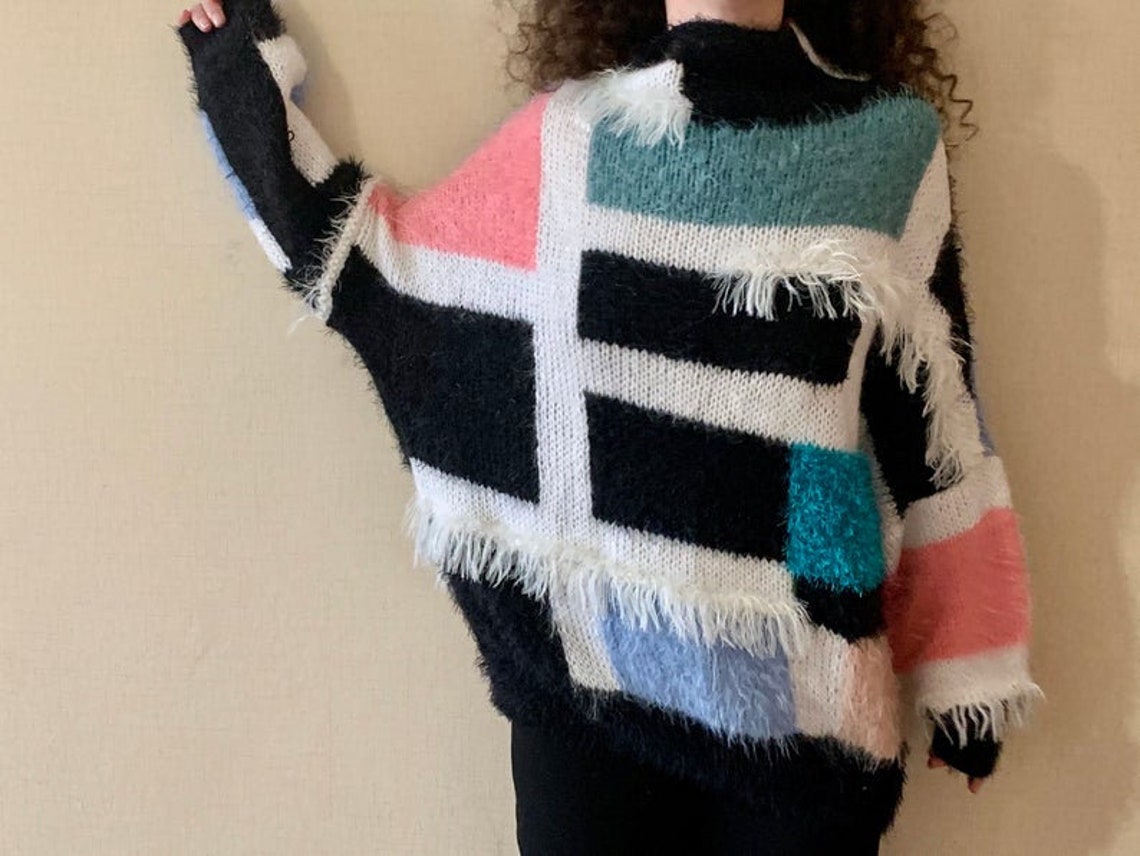 Hand knit ugly holiday sweater. colorblock .jumper .coogi Etsy