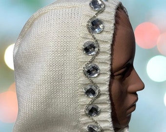 White balaclava hoody with crystals , statement hat