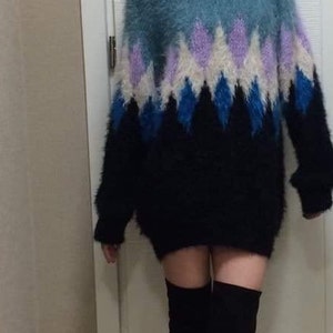 argyle sweater, Hand knitted Jumper, Slouchy mohair sweater, knit sweater, Gift for her image 4