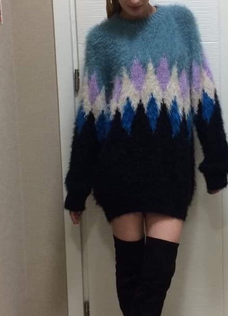 argyle sweater, Hand knitted Jumper, Slouchy mohair sweater, knit sweater, Gift for her image 4
