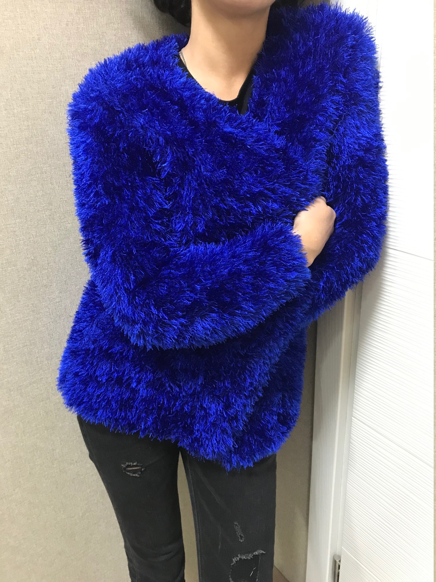 Navy top fluffy cardigan