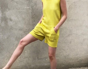 short Yellow  knitted cotton jumpsuit women overalls ,cotton jumpsuit ,knitted romper for women, summer playsuit Beach overalls.