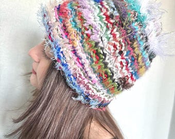 Handmade Scrap Yarn Knit Beanie – Colorful Upcycled Winter Hat