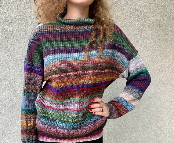 Hand Machine Knit Sweater Loose Knit Multicolored Rib | Etsy