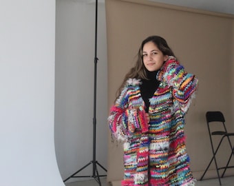 Hand Knit Oversized Multicolor Cardigan, Zero Waste Scrap Yarn, Fluffy Long Coat
