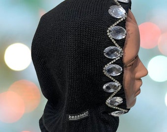 Black balaclava hoody with crystals , statement hat