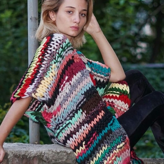 Hand Knitted Chunky Knit Cardigan, Multicolored Coogi Style Sweater