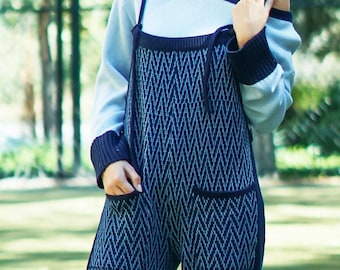 Hand Knitted Wool Fair Isle Sweater Jumpsuit Set - Light Blue Jacquard