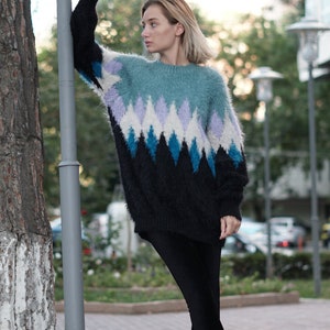 argyle sweater, Hand knitted Jumper, Slouchy mohair sweater, knit sweater, Gift for her image 1