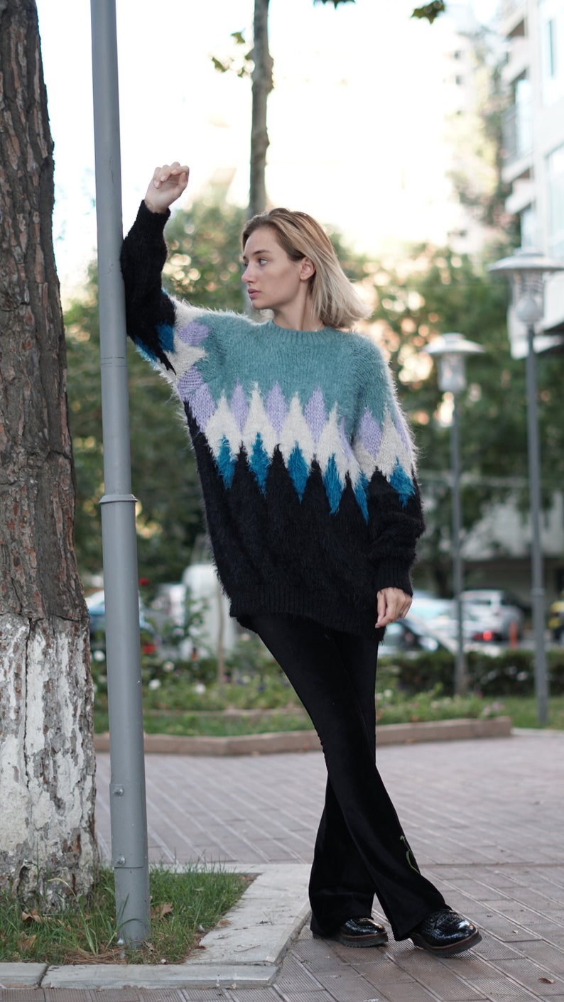 argyle sweater, Hand knitted Jumper, Slouchy mohair sweater, knit sweater, Gift for her image 1