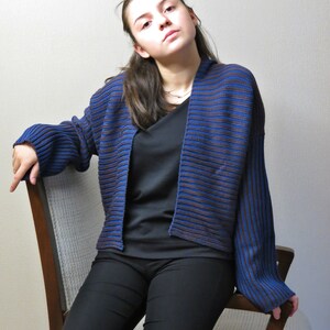 Hand knit short  jacket , Royal Blue Sweater Cardigan,  Cropped Cardigan, Ribbed Knitted Cardigan ,Spring Trends