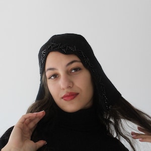 Black Knit beanie Hat with Lurex. Elegant Beaded Edge. Custom Handmade Shimmer Winter hat Gift for Her .Inspired by French retro fashion .