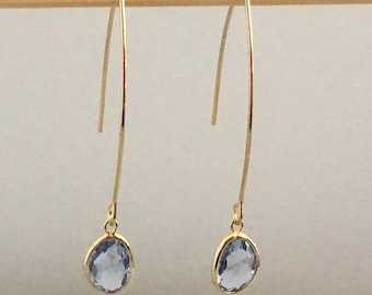 Gold Tone Light Blue Faceted Glass Earrings