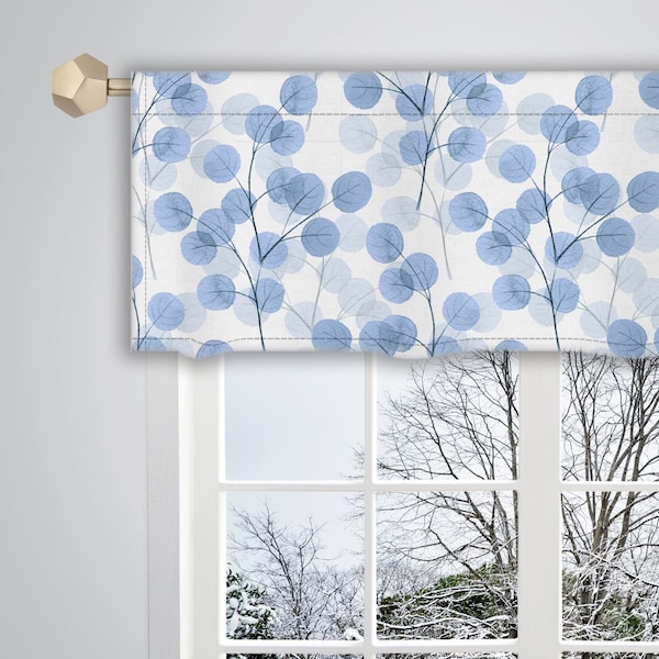 Blue Watercolour Leaf Pattern Valance Canvas Fabric/ Custom Valance/ Window Valance/ French Valance/ Window Treatment Curtain VL102