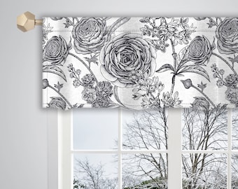 Black and white Floral Pattern Valance Canvas Fabric/ Custom Valance/ Window Valance/ French Valance/ Window Treatment Curtain VL26