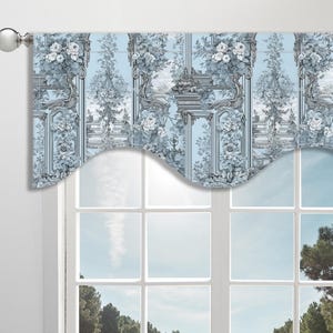 Tenda a mantovane con motivo a smerlo grigio blu, motivo a toile de france, in tela, con mantovane con motivo a smerlo/tenda a mantovane per finestra alla francese VL414B