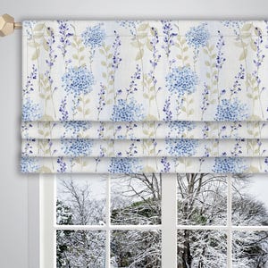 White Blue Faux Roman Valance Watercolour Floral Pattern/ Canvas Fabric/ Faux Roman Valance/ French Window Treatment Curtain VL041D
