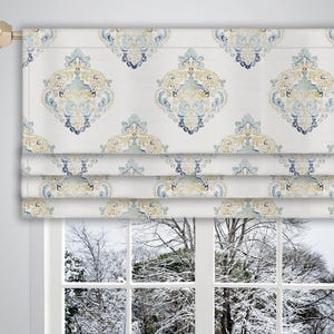 Tenda a mantovane romana finta blu crema con motivo damascato ad acquerello in tela/Tenda a mantovane romana finta/Tenda per finestra con mantovane VL367D