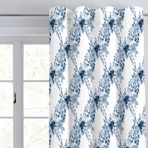 Blue and white Back Tab Curtain Watercolour Floral Pattern Luxury Curtain/ Back Tab Style Curtain/ Single or Set of 2/ Custom sizing CU339B