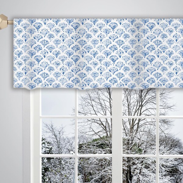 Blue Watercolor Valance, Traditional Geometric Window Curtain VL342